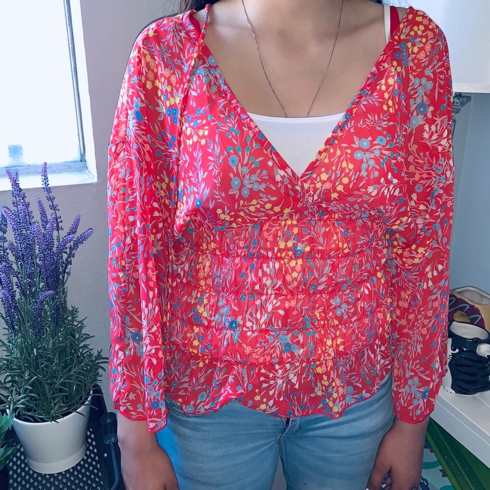 See through floral flare sleeve top